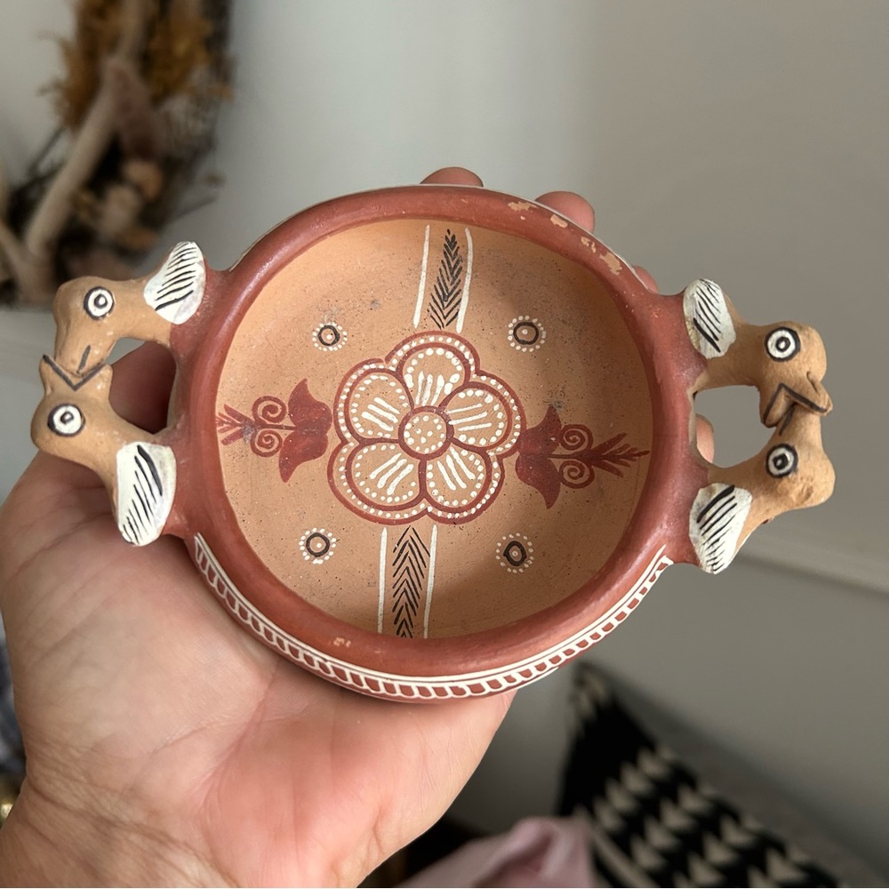 Artemio Poma Peruvian Clay Bowl Trinket Dish ~ floral and birds accents